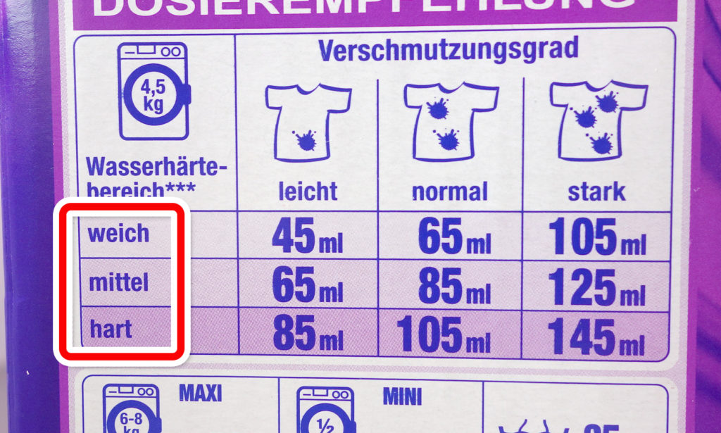 水の硬度（Wasserhärtebereich）のweich/mittel/hartによって変わる洗濯用洗剤の量